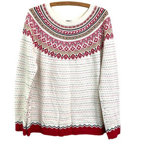 Talbots Women's Sz L Lambs Wool Blend Sweater Fair Isle White Red